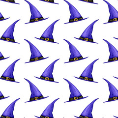 Colorful seamless pattern of watercolor violet witch/wizard hat with black ribbon. Hand drawn background for Halloween, fairy tale, fantasy design, holiday print, wrapping paper, fabric, scrapbooking