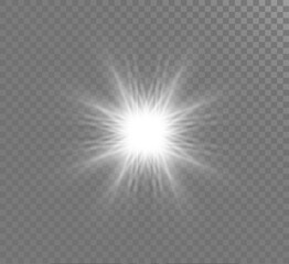 White glowing light explodes on a transparent background. Sparkling magical dust particles. Bright Star. Transparent shining sun, bright flash