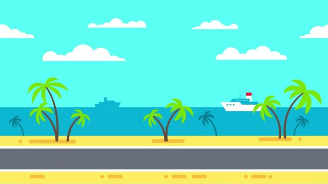 Moving cartoon coast beach landscape with sea and palms background animation. Looped video.