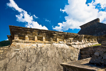 Fototapeta na wymiar Low angle view of old ruins of a building, El Tajin, Veracruz, Mexico