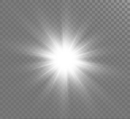 White glowing light explodes on a transparent background. Sparkling magical dust particles. Bright Star. Transparent shining sun, bright flash