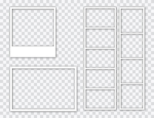 Obraz premium Realistic empty photo card frame, film set. Retro vintage photograph with transparent adhesive tape and paper clip. Digital snapshot image. Template or mockup for design. Vector illustration.