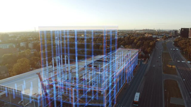 Aerial Drone Footage with VFX Concept: Building Construction Site Gets Finished with 3D Graphics Animation with Internet Icon Signs. Visualization, Digitalization, Design, Development of Smart City