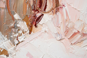 Macro. Abstract art. Expressive embossed pasty oil paints and reliefs. Colors:  white, brown, pink.