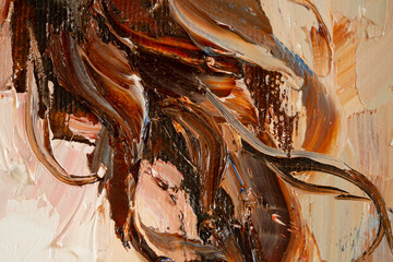 Macro. Abstract art. Expressive embossed pasty oil paints and reliefs. Colors:  white, brown, pink.