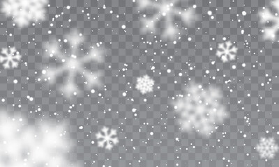 Christmas snow. Falling snowflakes on transparent background. Snowfall. Vector illustration