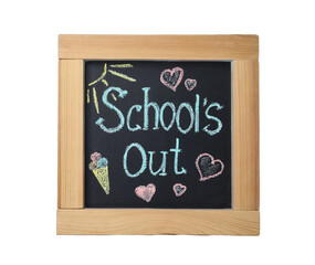 Fototapeta premium Blackboard with words School's Out and pictures isolated on white. Summer holidays