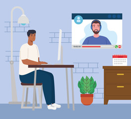 Naklejka na ściany i meble telework, man afro working from home in video conference with teamwork vector illustration design