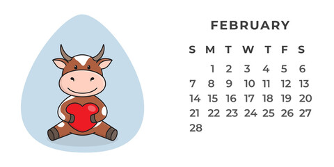 Desktop calendar page for February 2021. The ox is a symbol of the year 2021 according to the Eastern or Chinese calendar. Vector stock, ready-to-print template.