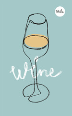 Wine glass icon for logo design. Hand-drawn line art with artistic pencil texture. Symbol of wine glass for emblem vineyard, organic wines banner, autumn wine festival, bar sign template. White wines.