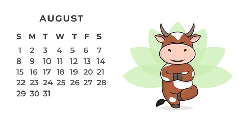 Page of the desktop calendar for August 2021. The ox is a symbol of the year 2021 according to the Eastern or Chinese calendar. Vector stock, ready-to-print template.