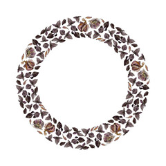 Wreath of garlic cloves and bulbs and purple basil twigs and leaves, isolated on white. Watercolour illustration. For invitations, cards, menu, recipes, cookbook, stationery and packaging design.