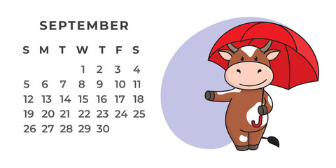 Desktop calendar page for September 2021. The ox is a symbol of the year 2021 according to the Eastern or Chinese calendar. Vector stock, ready-to-print template.