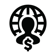 Revenue icon vector globe dollar sign currency money with male person profile avatar symbol for a business network in a flat color glyph pictogram illustration
