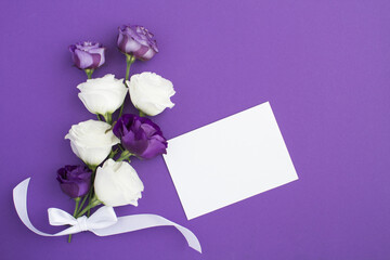 Empty white paper for text, beautiful violet and white flowers on the violet  background top view copy space