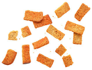 Bread croutons fly on a white background. Isolated