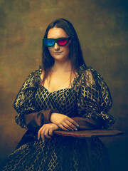 3D eyewear. Young woman as Mona Lisa, La Gioconda isolated on dark green background. Retro style, comparison of eras concept. Beautiful female model like classic historical character, old-fashioned.