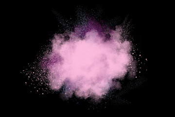 explosion of pink, violet and blue powder on black background. Freeze motion of color powder exploding.
