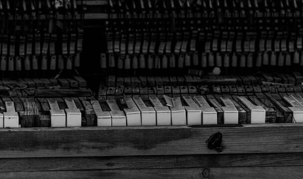 Close up black and white image of an abandoned wrecked piano sitting outdoors.