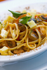 Close-up of cheese and mushroom spaghetti