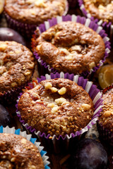 Cinnamon and plum muffins, close-up view