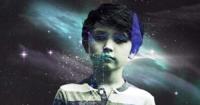 Network of connections over boy against space in background