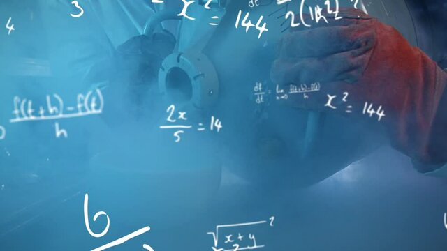 Mathematical equations moving against scientist working in laboratory