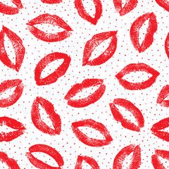 Lipstick kiss. Nice seamless pattern. Joyful design. Lips traces isolated on white background. Imprint real female lips. Fashion makeup. Endless lips prints. Romantic kisses. Repeating texture mouth