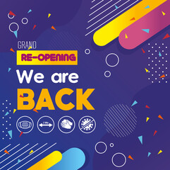 grand reopening, we are back with prevention measures against covid19 vector illustration design