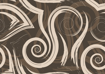 Stock Seamless vector pattern of beige smooth lines and spirals on a brown background. Texture of waves and swirl for packaging or decor of the website background.