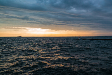 Sunset in Thessaloniki harbor, Greece.