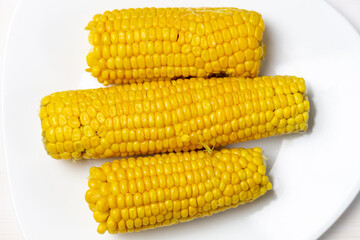 Boiled yellow yummy corn on white plate 
