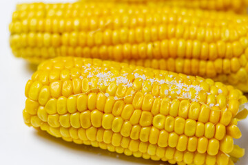 Boiled yellow yummy corn with salt on white plate 