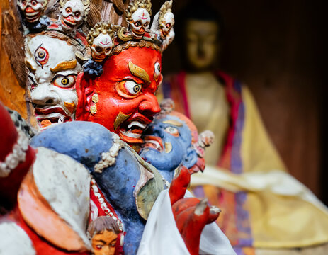 Close up image Dharmapala idol in Tsemo Hompa in Leh..