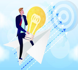 Vector Business concept illustration Business person deliver his idea to the goal on a paper airplane