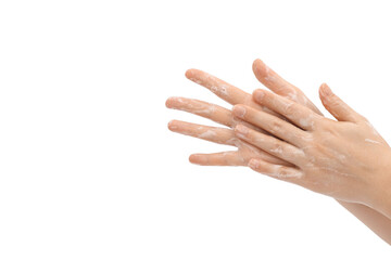 Lathering hands, process. Hands washing gesture, soapy female hand foam. Wash your hands concept.
