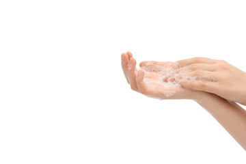 Lathering hands, process. Hands washing gesture, soapy female hand foam. Wash your hands concept.