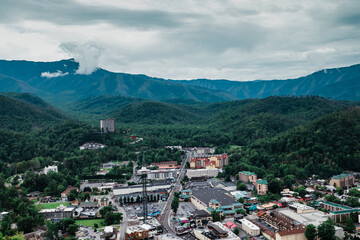 A high angle aerial view of Gatlinburg Tennessee and the Great Smoky Mountains