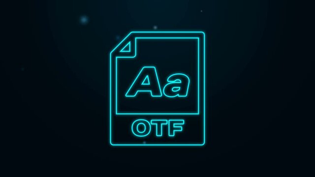 Glowing neon line OTF file document. Download otf button icon isolated on black background. OTF file symbol. 4K Video motion graphic animation.