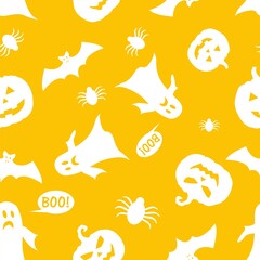 Halloween card seamless pattern background with witch, pumpkin, bat, boiler, spyder, web and ghost
