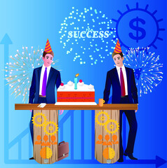 Vector Business concept illustration Success. Two Business persons table cake fireworks