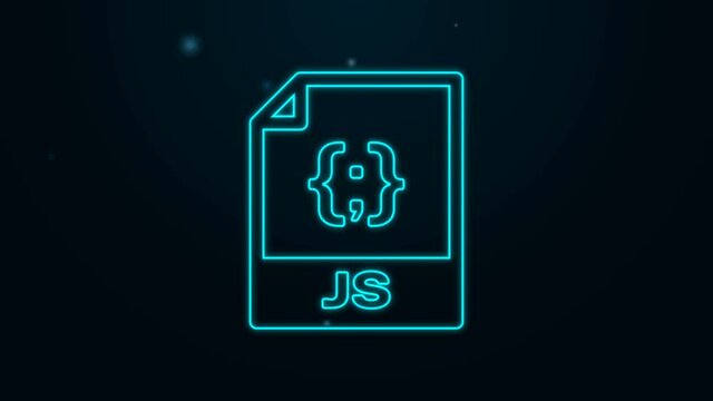 Glowing neon line JS file document. Download js button icon isolated on black background. JS file symbol. 4K Video motion graphic animation.