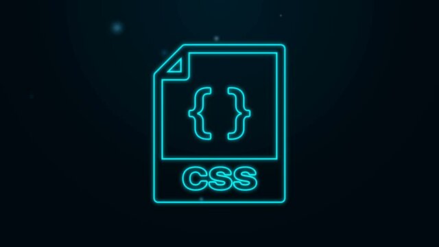 Glowing neon line CSS file document. Download css button icon isolated on black background. CSS file symbol. 4K Video motion graphic animation.