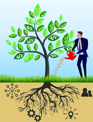 Vector Business concept illustration Business growth Idea growth Business person pours Money tree sprout