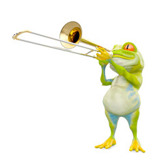 Fototapeta na wymiar little frog cartoon is playing trombone