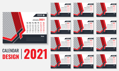 2021 Desk Calendar design vector template. 12 pages print ready vector calendar design template with place for company logo and image. Week starts on Sunday.