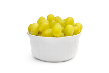 Bowl with berries of grape on white background.