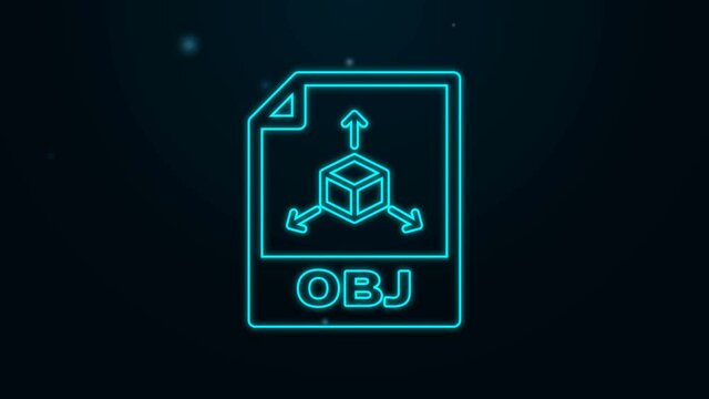 Glowing neon line OBJ file document. Download obj button icon isolated on black background. OBJ file symbol. 4K Video motion graphic animation.