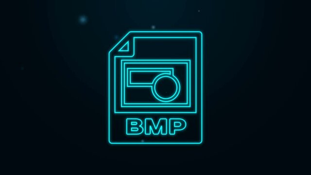 Glowing neon line BMP file document. Download bmp button icon isolated on black background. BMP file symbol. 4K Video motion graphic animation.
