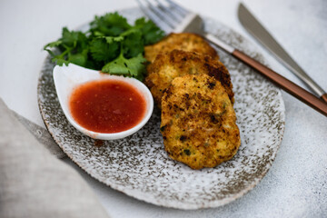 Chicken cutlet served on plate